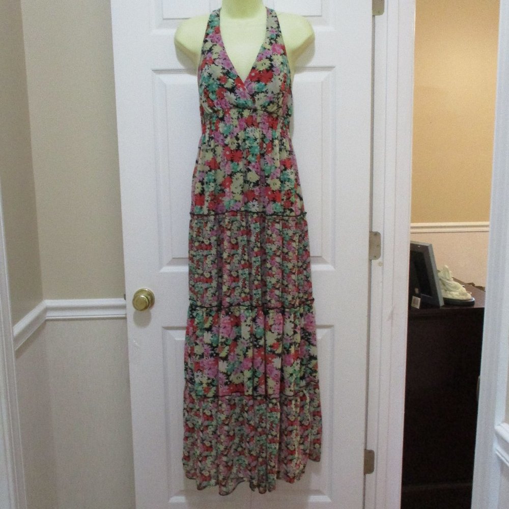 Floral Halter Neck Maxi Sundress sz M Smocked Tiered Chiffon